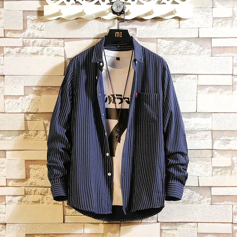 Men's Long Sleeve Striped Korean Shirt White