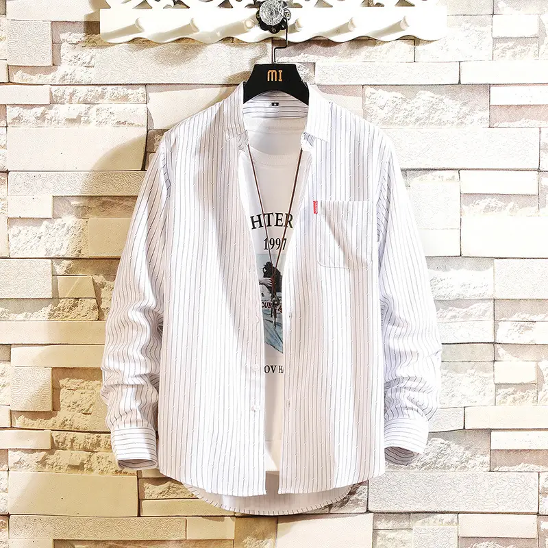 Men's Long Sleeve Striped Korean Shirt White