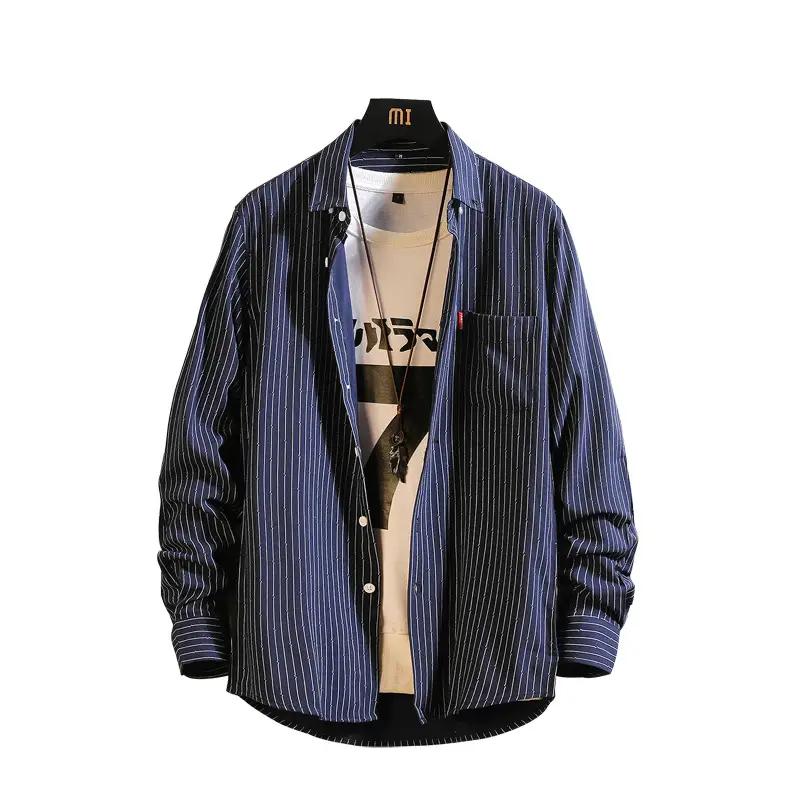 Men's Long Sleeve Striped Korean Shirt White