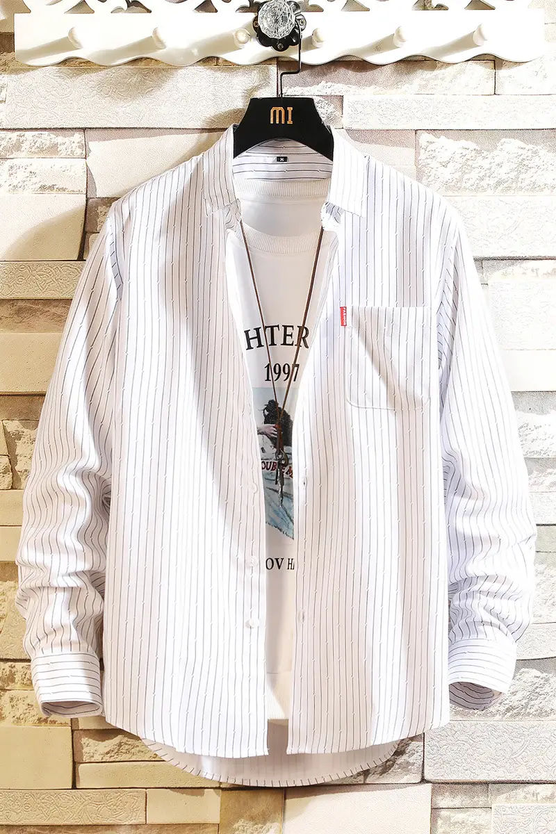 Men's Long Sleeve Striped Korean Shirt White