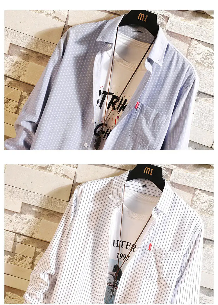 Men's Long Sleeve Striped Korean Shirt White — feature 14
