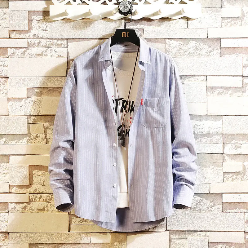 Men's Long Sleeve Striped Korean Shirt White