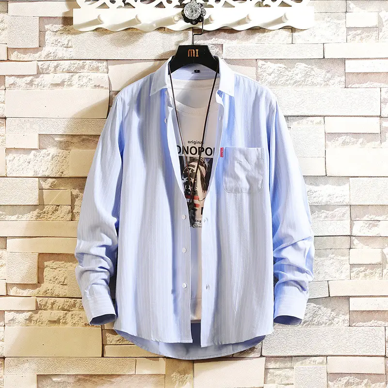 Men's Long Sleeve Striped Korean Shirt White