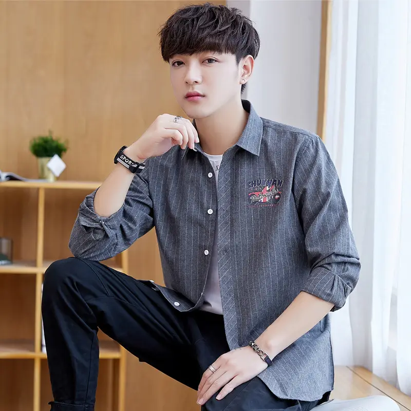 Men's Blue Striped Slim Fit Shirt Jacket with Embroidered Pocket - Image 4