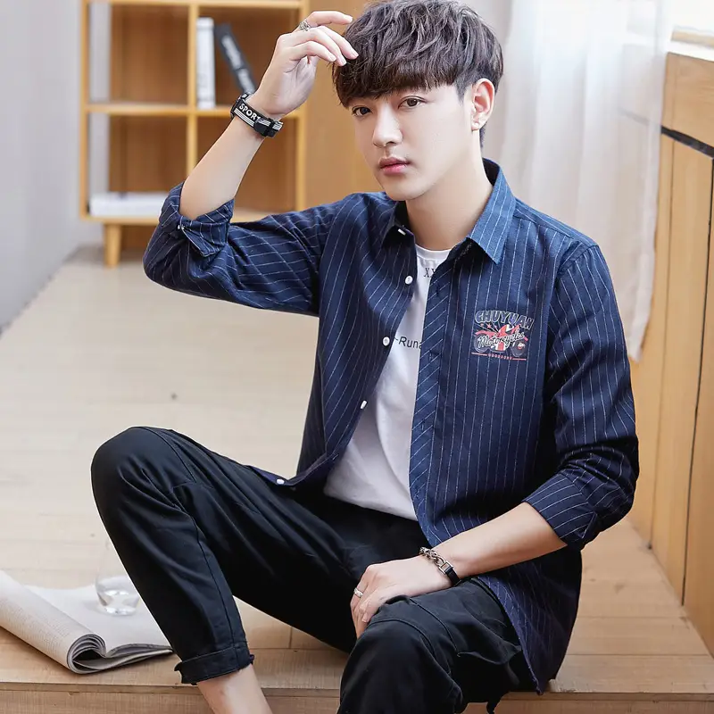 Men's Blue Striped Slim Fit Shirt Jacket with Embroidered Pocket - Image 5