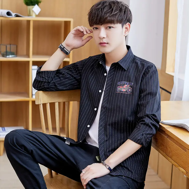 Men's Blue Striped Slim Fit Shirt Jacket with Embroidered Pocket - Image 6