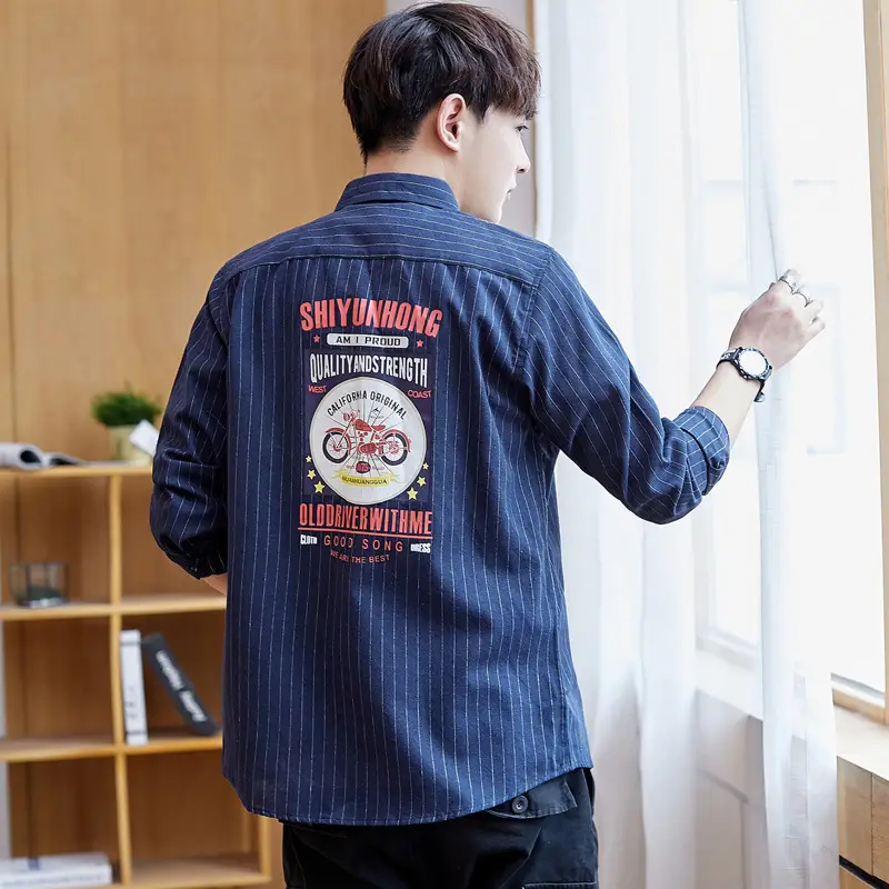 Men's Blue Striped Slim Fit Shirt Jacket with Embroidered Pocket - Image 7