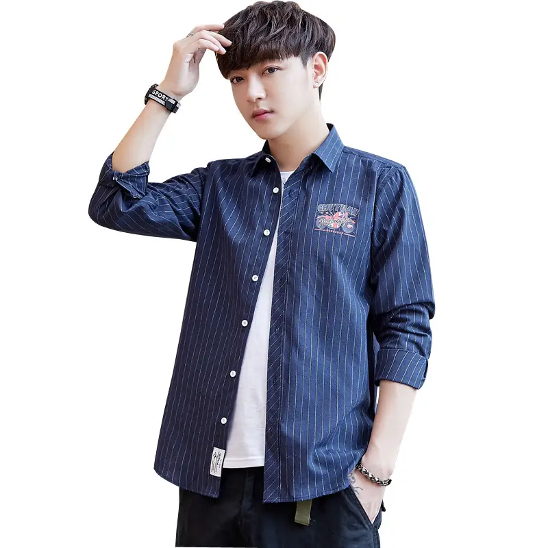 Men's Blue Striped Slim Fit Shirt Jacket with Embroidered Pocket - Image 8