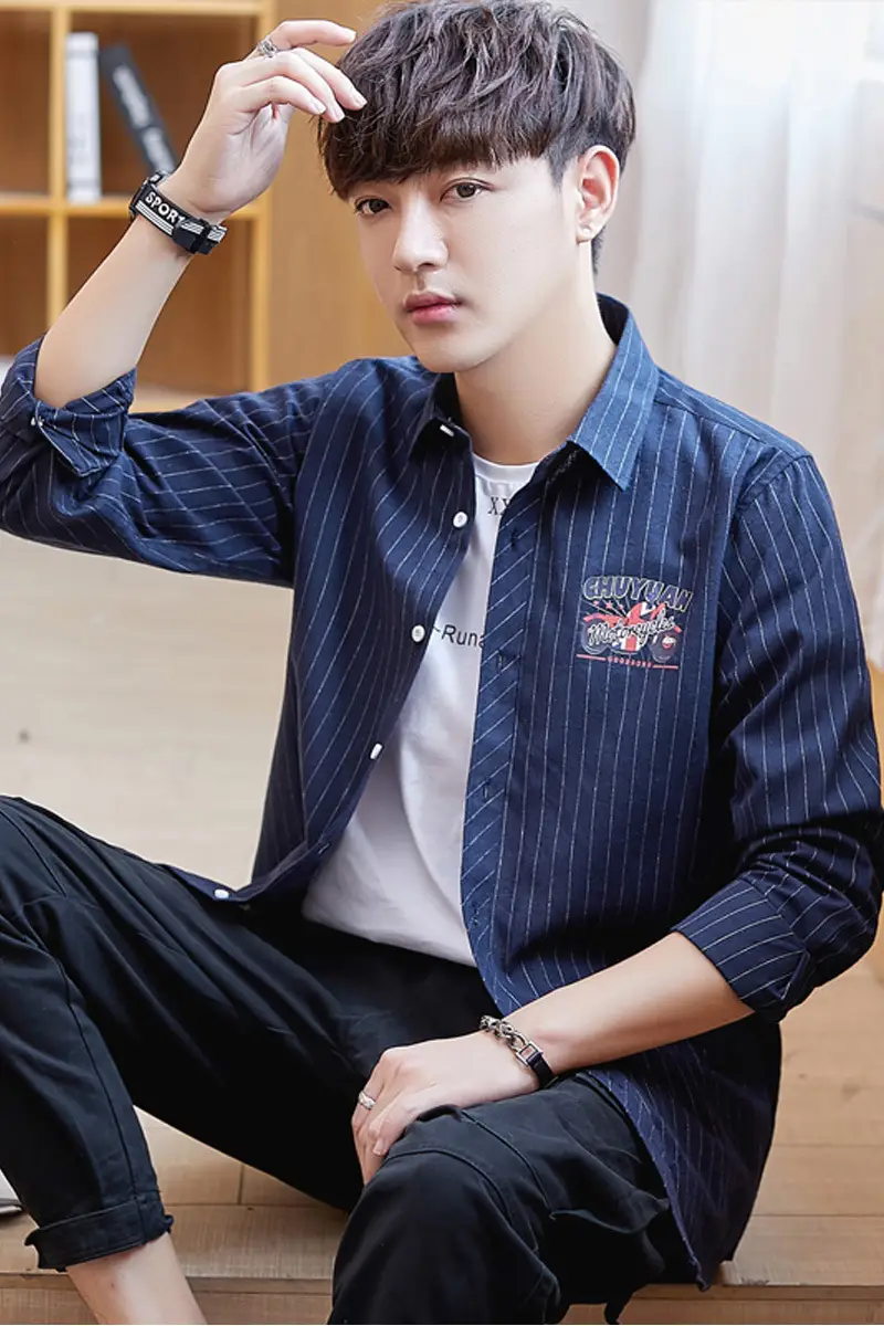 Men's Blue Striped Slim Fit Shirt Jacket with Embroidered Pocket - Image 9