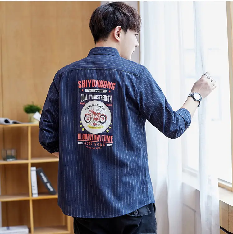 Men's Blue Striped Slim Fit Shirt Jacket with Embroidered Pocket — feature 10