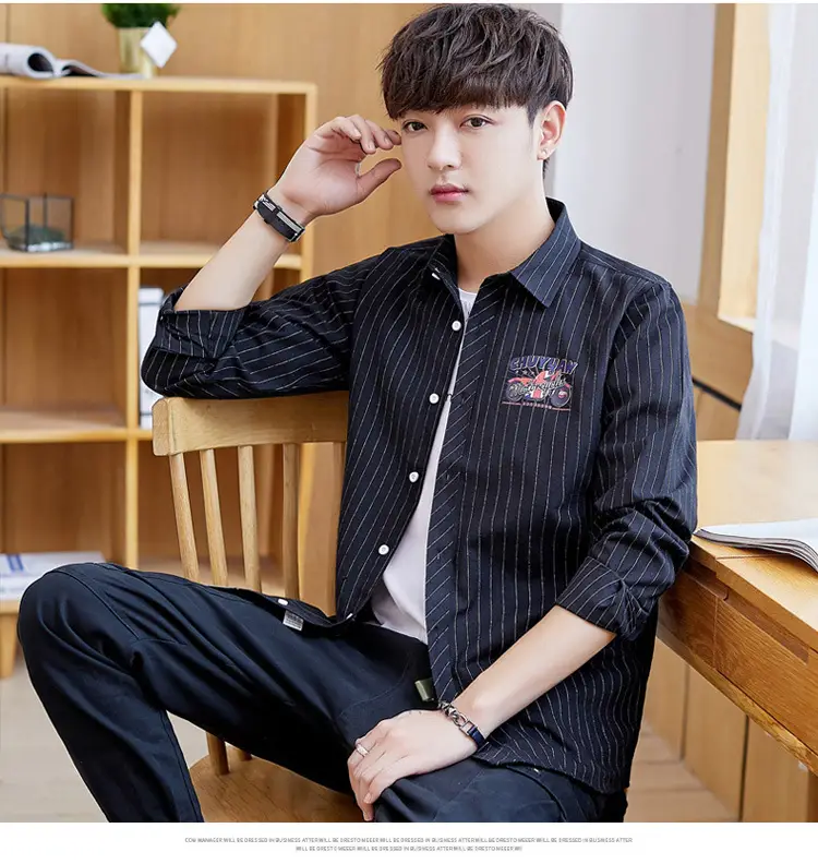 Men's Blue Striped Slim Fit Shirt Jacket with Embroidered Pocket — feature 12