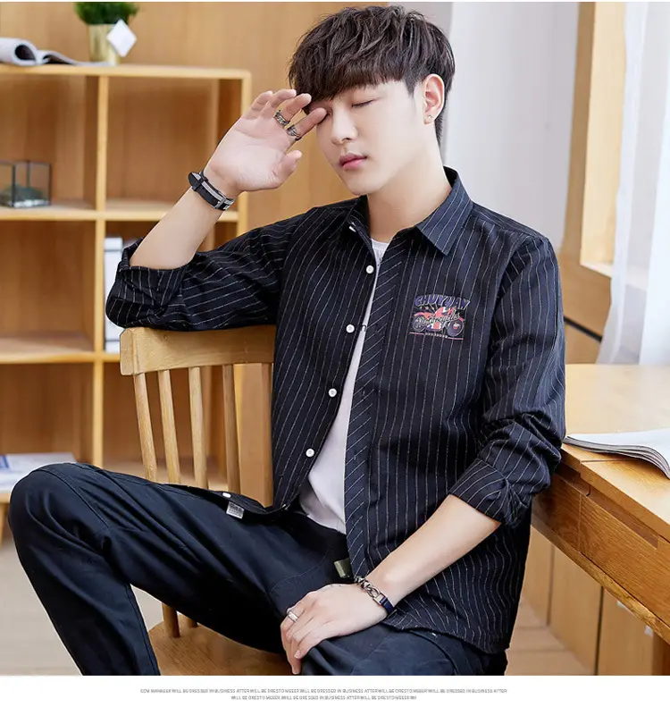 Men's Blue Striped Slim Fit Shirt Jacket with Embroidered Pocket — feature 13