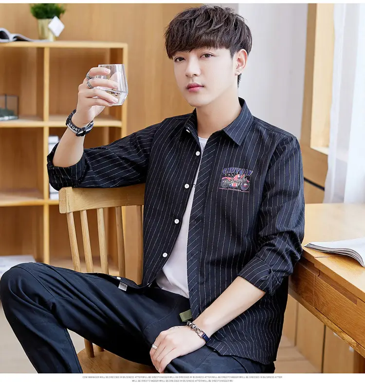 Men's Blue Striped Slim Fit Shirt Jacket with Embroidered Pocket — feature 14