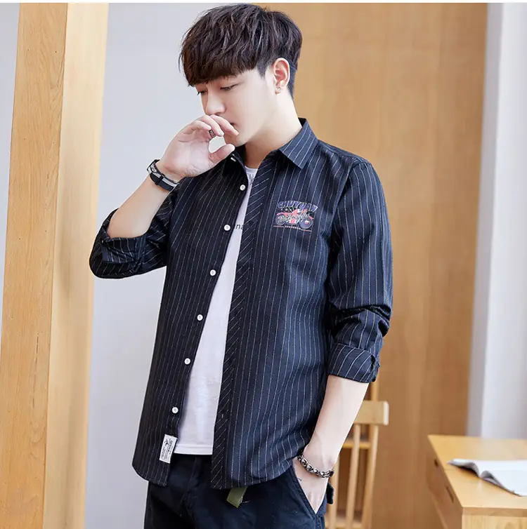 Men's Blue Striped Slim Fit Shirt Jacket with Embroidered Pocket — feature 15