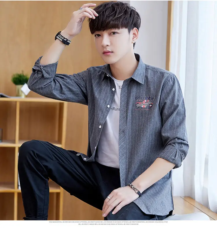 Men's Blue Striped Slim Fit Shirt Jacket with Embroidered Pocket — feature 17