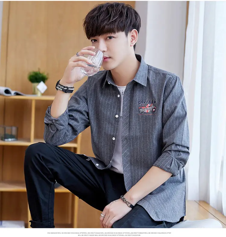 Men's Blue Striped Slim Fit Shirt Jacket with Embroidered Pocket — feature 18