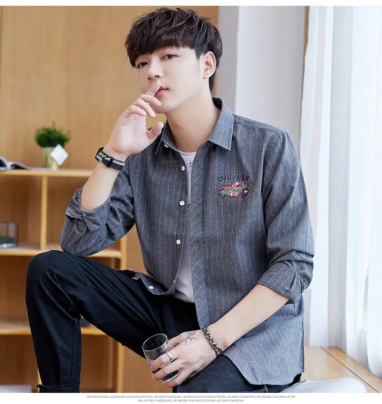 Men's Blue Striped Slim Fit Shirt Jacket with Embroidered Pocket — feature 19