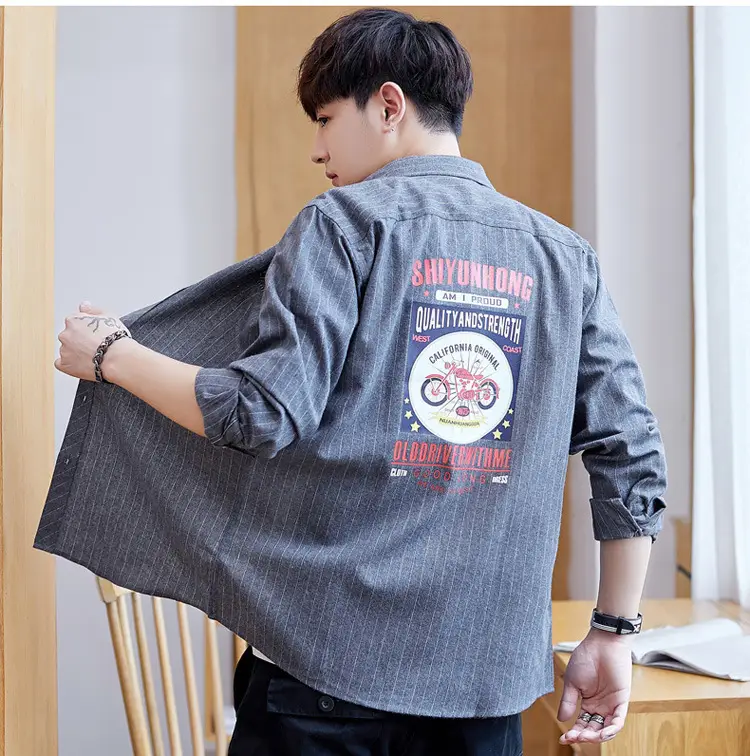 Men's Blue Striped Slim Fit Shirt Jacket with Embroidered Pocket — feature 20