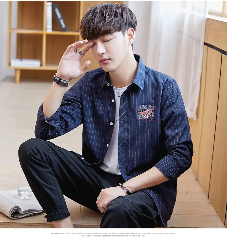 Men's Blue Striped Slim Fit Shirt Jacket with Embroidered Pocket — feature 7