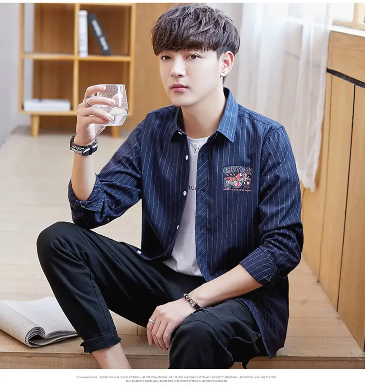 Men's Blue Striped Slim Fit Shirt Jacket with Embroidered Pocket — feature 8