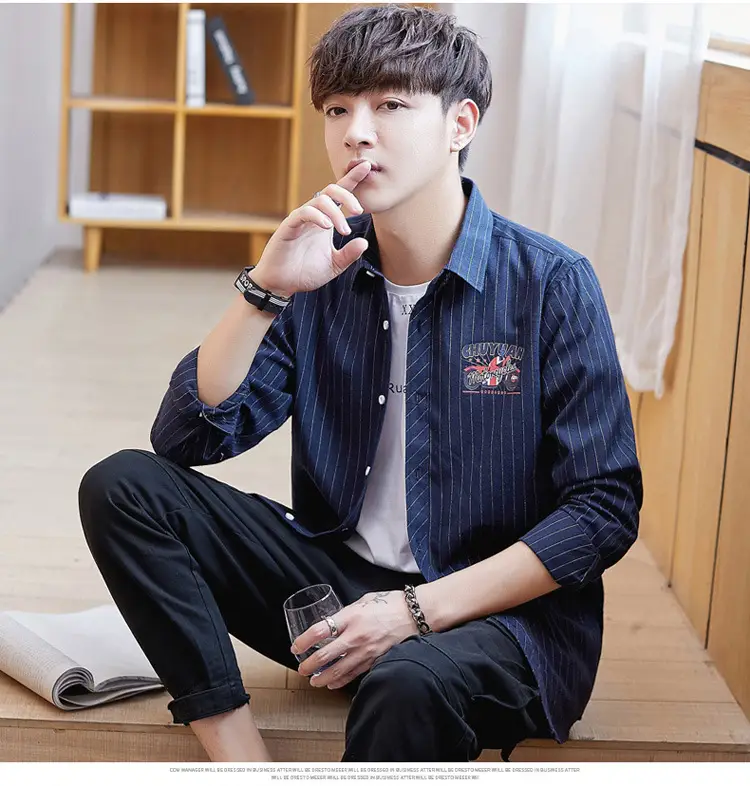 Men's Blue Striped Slim Fit Shirt Jacket with Embroidered Pocket — feature 9