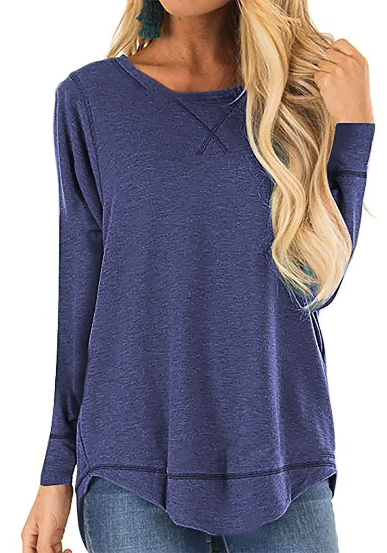 Women Grey Round Neck Long Sleeve T-Shirt Loose Fit - Image 16