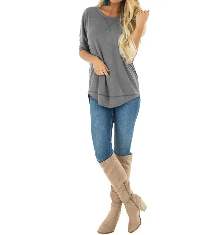Women Grey Round Neck Long Sleeve T-Shirt Loose Fit - Image 7