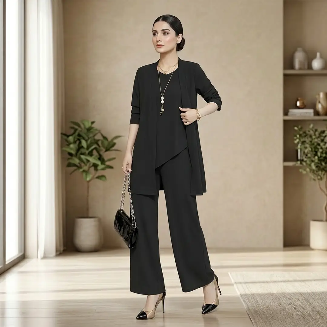 Women's 3-piece Suit Black Long Sleeve V-Neck Loose Fit