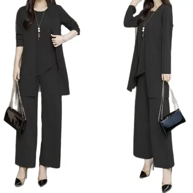 Women's 3-piece Suit Black Long Sleeve V-Neck Loose Fit