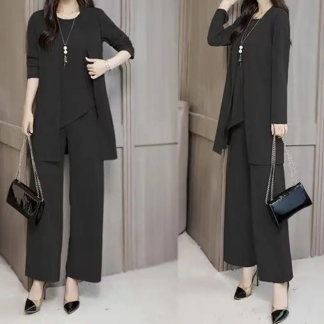 Women's 3-piece Suit Black Long Sleeve V-Neck Loose Fit