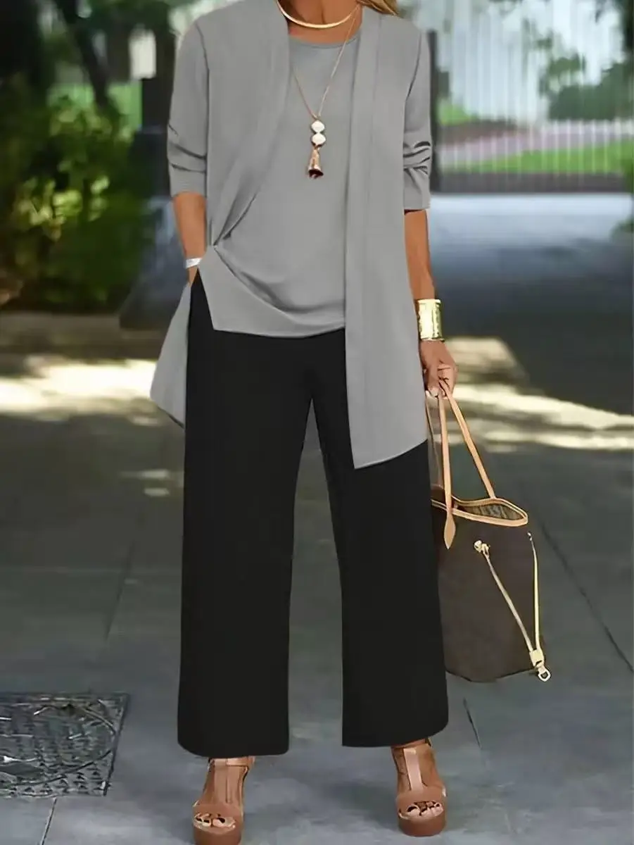 Women's 3-piece Suit Black Long Sleeve V-Neck Loose Fit