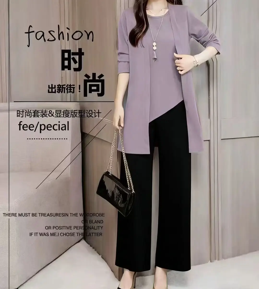 Women's 3-piece Suit Black Long Sleeve V-Neck Loose Fit