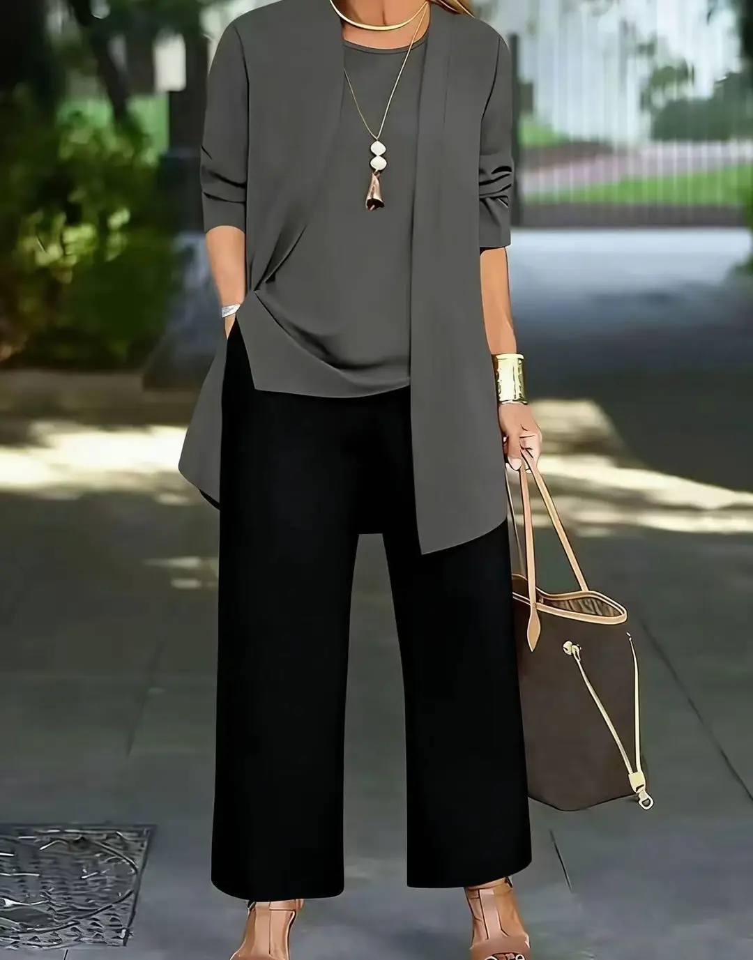 Women's 3-piece Suit Black Long Sleeve V-Neck Loose Fit