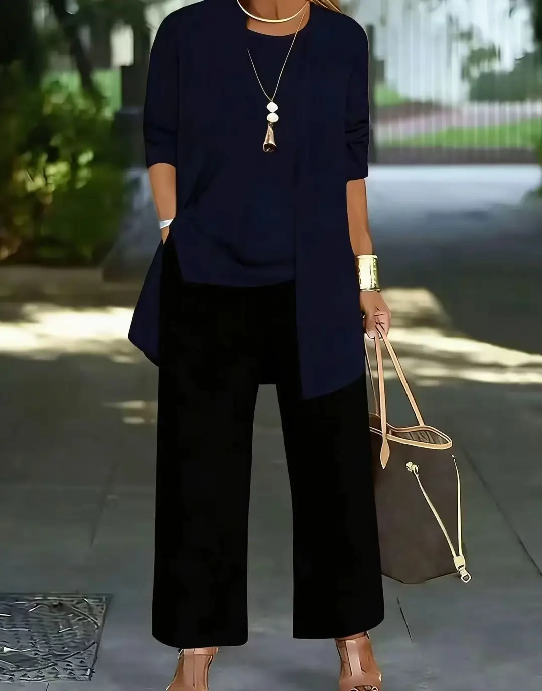 Women's 3-piece Suit Black Long Sleeve V-Neck Loose Fit