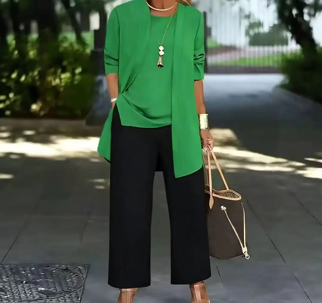 Women's 3-piece Suit Black Long Sleeve V-Neck Loose Fit