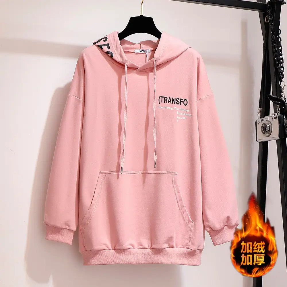 Plus Size Women Pink Fleece Hoodie Sweatshirt - Image 4