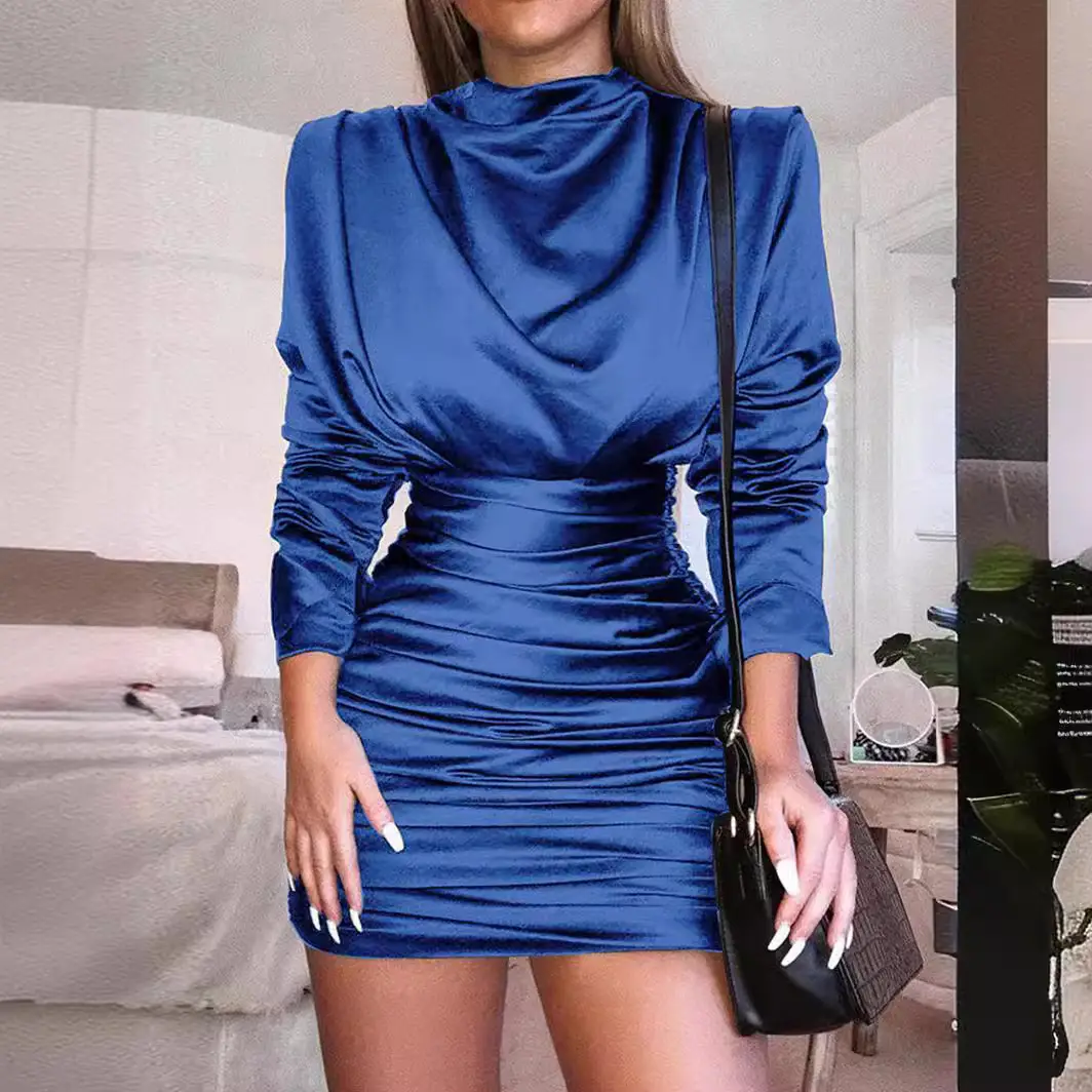 Blue High Neck Long Sleeve Dress for Women - Image 3