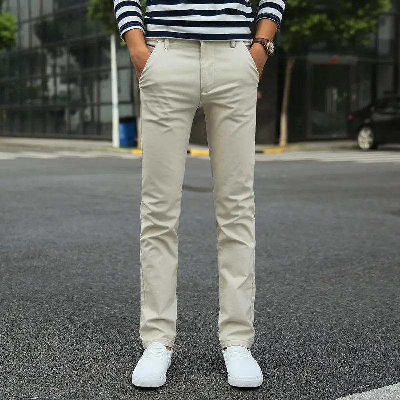 Men's Straight Leg Stretch Pants Beige Black Slim Fit - Image 9