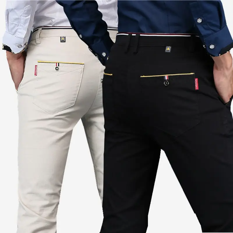 Men's Straight Leg Stretch Pants Beige Black Slim Fit - Image 10