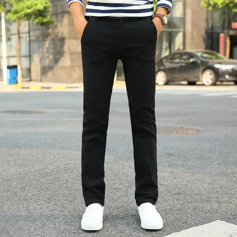 Men's Straight Leg Stretch Pants Beige Black Slim Fit - Image 2
