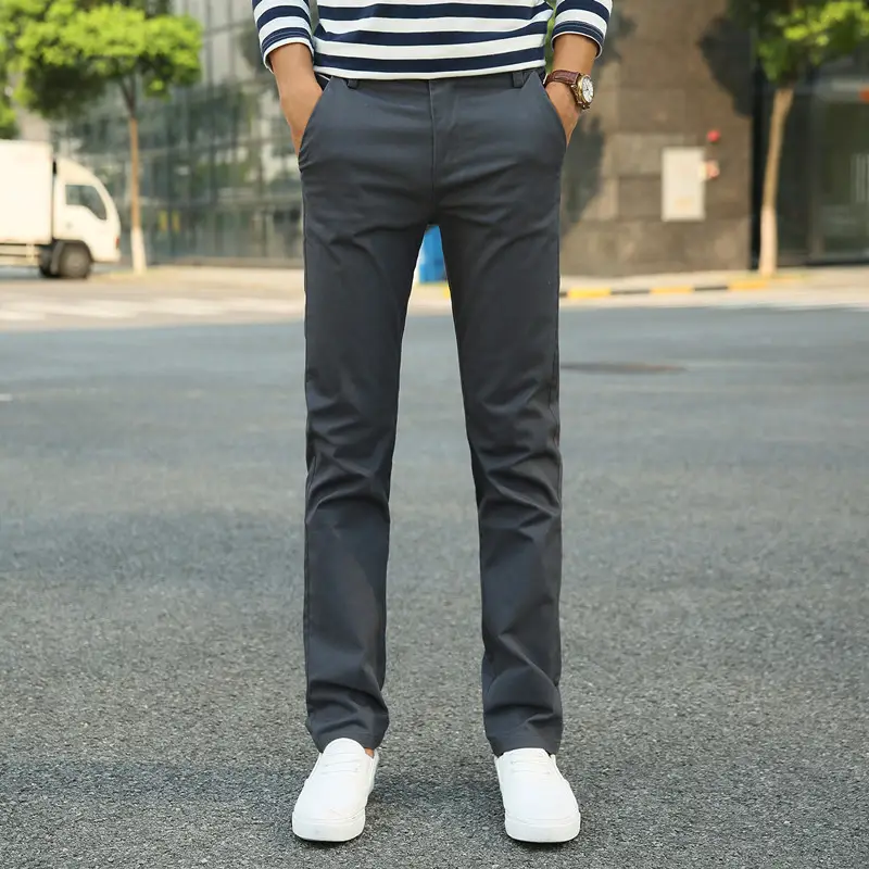 Men's Straight Leg Stretch Pants Beige Black Slim Fit - Image 3