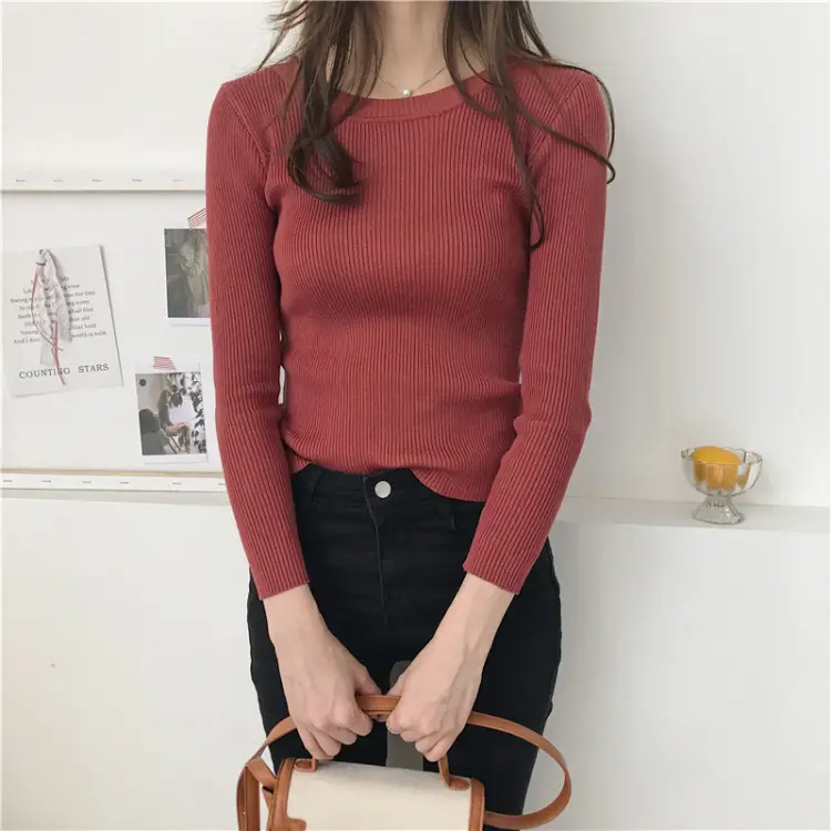 Women Round Neck Striped Pullover Sweater Spring Autumn New Korean Style Stretch Solid Color Long Sleeve Bottoming Saree - Image 10