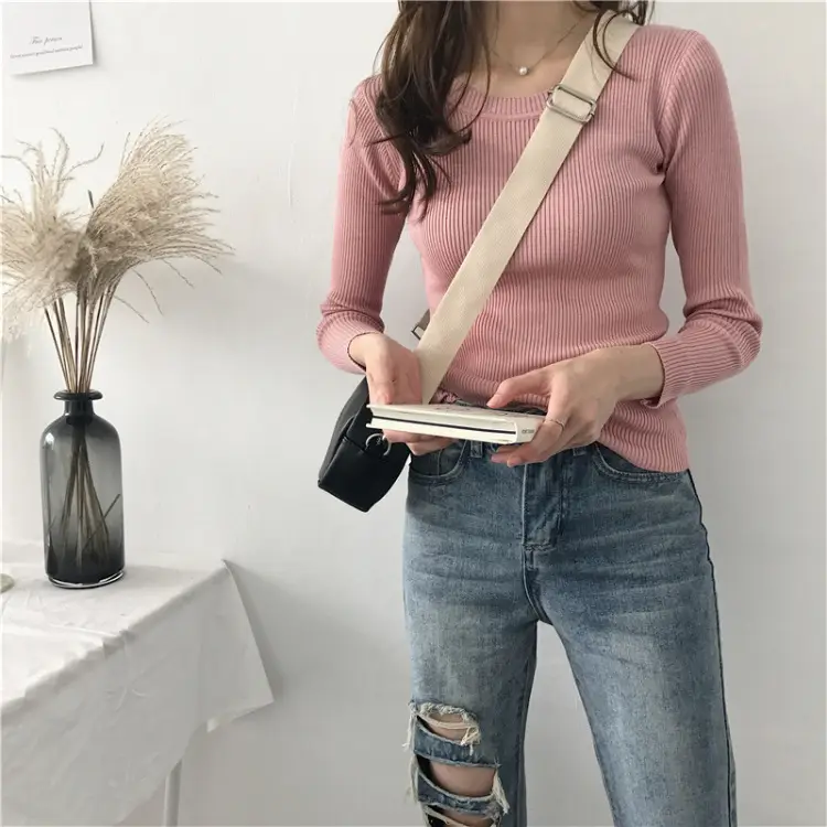 Women Round Neck Striped Pullover Sweater Spring Autumn New Korean Style Stretch Solid Color Long Sleeve Bottoming Saree - Image 11