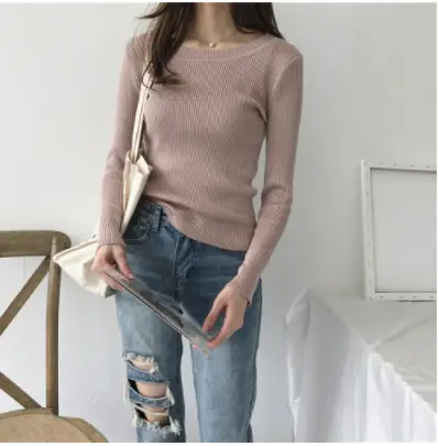 Women Round Neck Striped Pullover Sweater Spring Autumn New Korean Style Stretch Solid Color Long Sleeve Bottoming Saree - Image 2