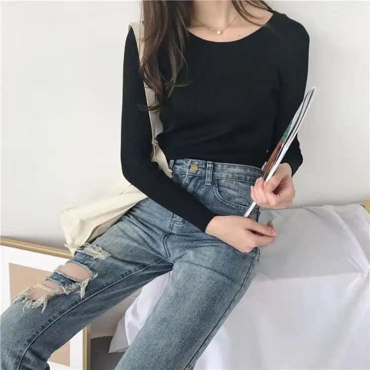 Women Round Neck Striped Pullover Sweater Spring Autumn New Korean Style Stretch Solid Color Long Sleeve Bottoming Saree - Image 6