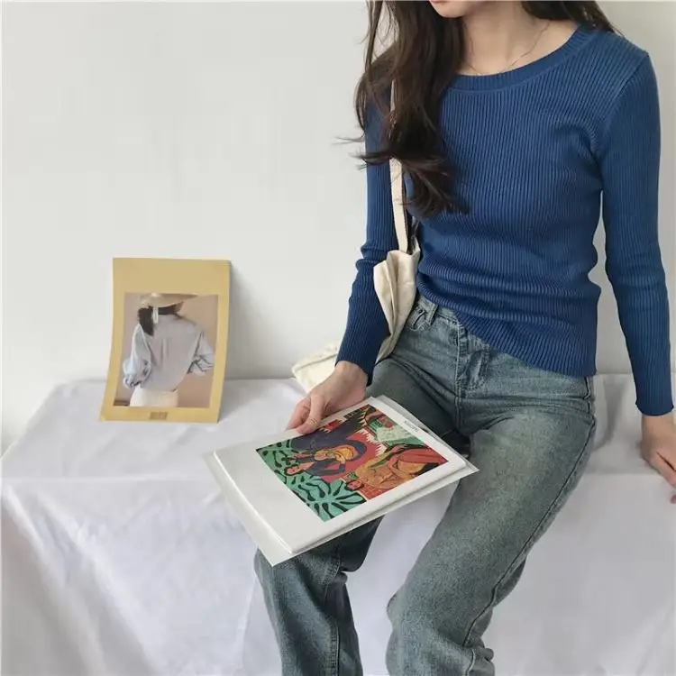 Women Round Neck Striped Pullover Sweater Spring Autumn New Korean Style Stretch Solid Color Long Sleeve Bottoming Saree - Image 7