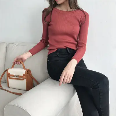 Women Round Neck Striped Pullover Sweater Spring Autumn New Korean Style Stretch Solid Color Long Sleeve Bottoming Saree - Image 8
