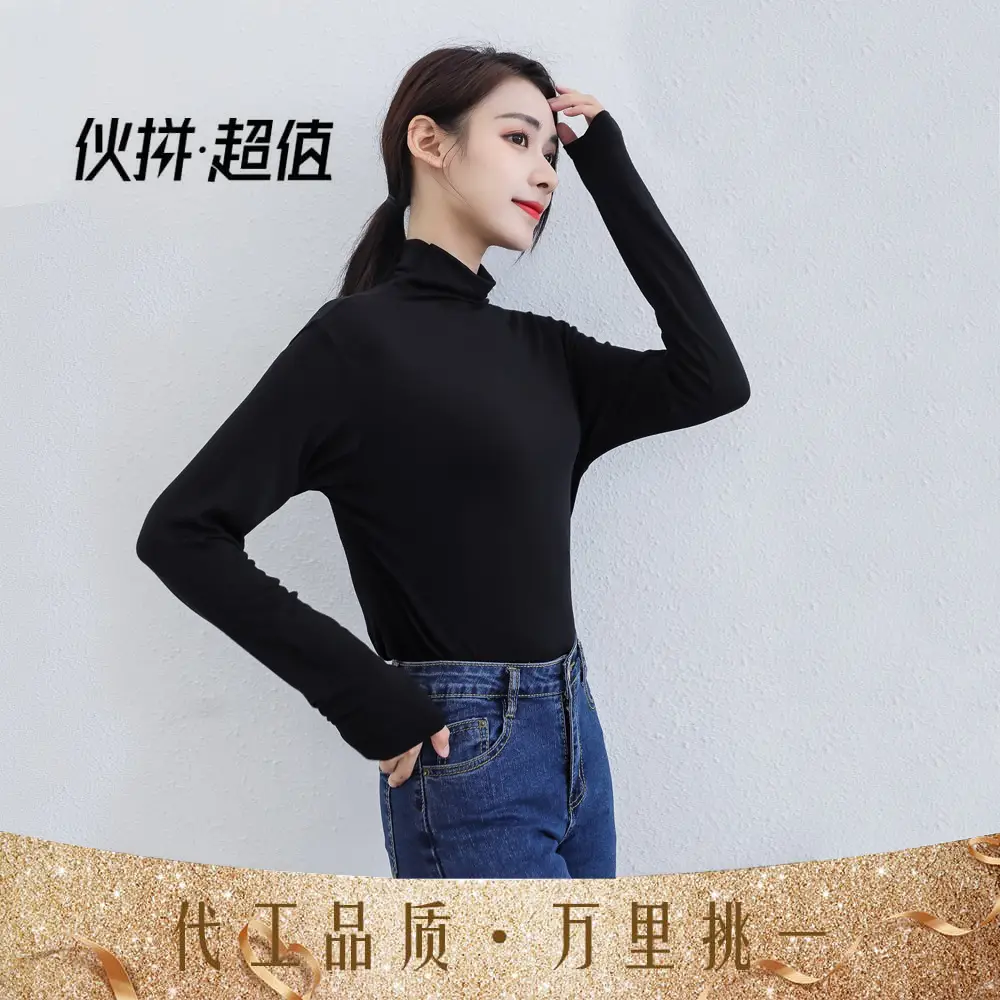 Women's Black Half Turtleneck Long Sleeve T-Shirt - Image 10