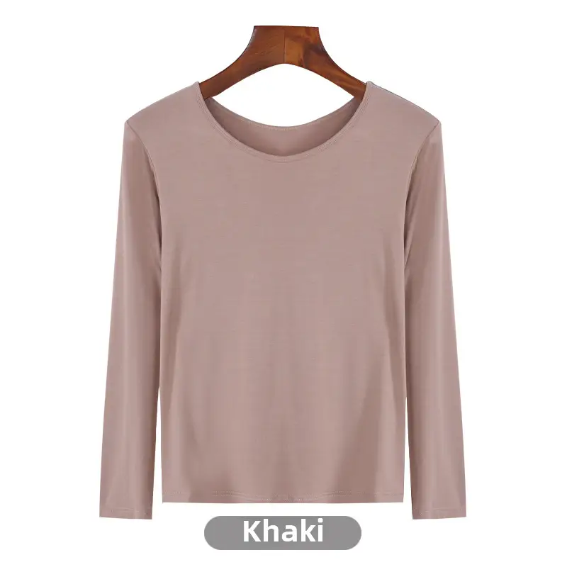 Women's Long Sleeve Khaki Solid T-Shirt - Image 55
