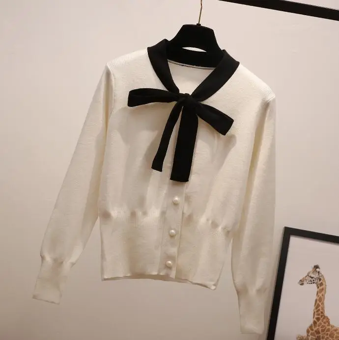 Women's Beige Bowknot Knit Cardigan with Long Sleeves - Image 5